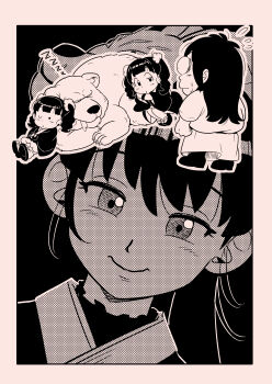 Rule 34 | 1boy, 3girls, absurdres, babymetal, bear, bulging eyes, commentary, english commentary, eye pop, frown, greyscale, hair ornament, hair scrunchie, half-closed eye, highres, kikuchi moa, mixed-language commentary, mizuno yui, monochrome, multiple girls, nakamoto suzuka, one eye closed, ponytail, scrunchie, sleeping, smile, surprised, toriyama akira (style), twintails, yuichi ishikawa, zzz
