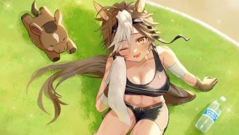 Rule 34 | 1girl, abs, absurdres, alternate costume, animal ears, black shirt, black shorts, bottle, breasts, brown eyes, brown fur, brown hair, cleavage, commentary, commission, crop top, english commentary, grass, hair between eyes, highres, holding, holding towel, horse ears, horse girl, horse tail, indie virtual youtuber, large breasts, looking at viewer, multicolored hair, naname580, one eye closed, open mouth, plastic bottle, running track, second-party source, shirt, short hair, shorts, sitting, smile, solo, tail, tomoe umari, towel, umarmy (tomoe umari), virtual youtuber, water bottle, wiping face