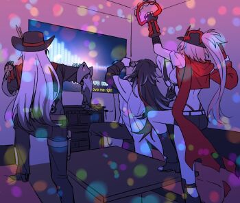 1girl 2boys ashveil_(honkai:_star_rail) black_hair boothill_(honkai:_star_rail) commentary_request fishnets from_behind hat hat_feather honkai:_star_rail honkai_(series) jacket karaoke korean_commentary long_hair microphone mob_cap multicolored_hair multiple_boys pants pink_hair ponytail rappa_(honkai:_star_rail) shirt shoes shorts strap streaked_hair table very_long_hair wawahj0907_tt white_hair