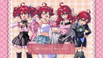 Rule 34 | 1girl, ahoge, black skirt, blush, camisole, commentary, drill hair, frills, hair between eyes, hair ornament, heroine re quest, jirai kei, kasane teto, korean commentary, long sleeves, looking at viewer, open mouth, pc-98 (style), pink shirt, red eyes, red hair, samsap, shirt, simple background, skirt, smile, solo, translated, twin drills, undressing, utau