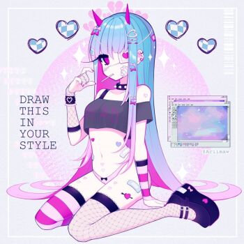 Rule 34 | 1girl, ariimaw, arm support, asymmetrical legwear, bandaid on hip, bandaid on thigh, barcode, bare shoulders, black bow, black choker, black footwear, blue hair, bow, bow panties, broken heart, choker, clothes writing, collarbone, colored inner hair, commentary, demon horns, draw this in your style challenge, ear piercing, elbow gloves, english commentary, eyepatch, fishnet gloves, fishnet thighhighs, fishnets, footwear bow, full body, geoxor, gloves, gradient hair, grey background, grey shirt, hair bow, hair ornament, hair spread out, hand up, heart, heart hair ornament, heart print, heart tattoo, horizontal-striped thighhighs, horns, inset border, lace, lace-trimmed gloves, lace-trimmed thighhighs, lace trim, leg tattoo, long hair, mouth hold, multicolored hair, nail polish, no pupils, off-shoulder shirt, off shoulder, original, painttool sai, painttool sai (medium), panties, partially fingerless gloves, piercing, pink bow, pink eyes, pink gloves, pink hair, pink horns, pink nails, pink panties, pink thighhighs, platform footwear, pubic tattoo, shirt, short sleeves, shoulder tattoo, sidelocks, simple background, single fishnet legwear, sitting, solo, sparkle, spiked choker, spikes, stomach tattoo, straight hair, striped clothes, striped gloves, tattoo, thighhighs, two-tone hair, underwear, very long hair, wariza, window (computing)