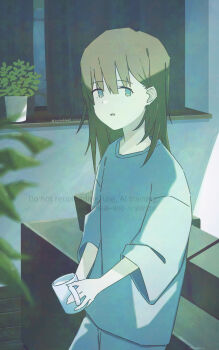 Rule 34 | 1girl, absurdres, adversarial noise, blue eyes, brown hair, commentary request, cowboy shot, cup, curtains, dated, film grain, grey pants, grey shirt, hair between eyes, highres, holding, holding cup, indoors, leaning, long hair, long sleeves, looking at viewer, mixed-language text, mug, open mouth, original, pants, plant, potted plant, sankakkee, shirt, solo, twitter username, watermark, window