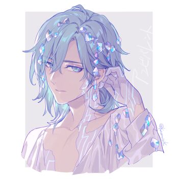 1boy aqua_eyes aqua_hair bishounen body_markings border circuit_board closed_mouth commentary_request cropped_torso crystal crystal_hair_ornament expressionless glint grey_background hair_between_eyes hair_down hand_up highres long_sleeves looking_at_viewer male_focus medium_hair mikaze_ai official_alternate_costume open_clothes open_shirt outside_border pota_(bluegutty) shirt sideways_glance solo tucking_hair uta_no_prince-sama white_border white_shirt