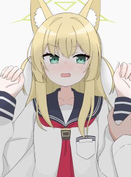1girl 1other absurdres animal_ear_fluff animal_ears black_sailor_collar blonde_hair blue_archive blush commentary fang fox_ears fox_girl green_eyes green_halo halo hands_up highres holding_another&#039;s_wrist kabedon kurumi_(blue_archive) long_hair looking_at_viewer neckerchief open_mouth pov pov_hands red_neckerchief sailor_collar school_uniform serafuku shirt sidelocks simple_background solo_focus straight-on tearing_up triangle_halo tsukiyuki_noha two_side_up upper_body v-shaped_eyebrows white_background white_shirt