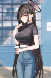 Rule 34 | 1girl, alternate costume, black hair, black nails, black shirt, blue archive, blue pants, blush, breasts, closed mouth, coffee cup, collared shirt, cowboy shot, cup, denim, disposable cup, fingernails, hair ornament, hairpin, halo, high-waist pants, holding, holding cup, large breasts, long hair, looking at viewer, melt (melt out1), nail polish, pants, red eyes, ringed eyes, rio (blue archive), shirt, short sleeves, solo