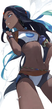 Rule 34 | absurdres, aqua hair, armlet, bikini, black hair, blue eyes, blue eyeshadow, dark-skinned female, dark skin, earrings, eyeshadow, hair bun, hand on own hip, highres, hoop earrings, jewelry, long hair, makeup, modare, multicolored hair, nessa (pokemon), nintendo, pokemon, pokemon swsh, simple background, swimsuit, tankini, thighs, two-tone hair