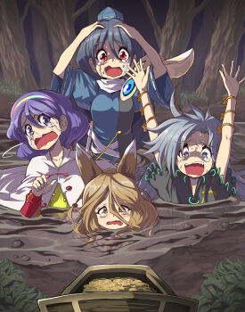 animal_ears blonde_hair blue_dress blue_eyes blue_hair brown_eyes commission dress fox_ears fox_girl grey_eyes grey_hair hair_between_eyes hairband hat highres himemushi_momoyo iizunamaru_megumu kudamaki_tsukasa long_hair messy_hair multicolored_clothes multicolored_hairband patchwork_clothes peril pointy_ears quicksand rainbow_gradient red_eyes scared short_hair sinking skeb_commission syope tenkyuu_chimata tokin_hat touhou treasure unconnected_marketeers