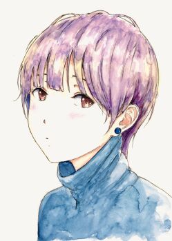 1girl absurdres alternate_hairstyle bbmasa blue_jacket blush commentary earrings gradient_background grey_background hibike!_euphonium highres jacket jewelry liz_to_aoi_tori looking_at_viewer purple_hair red_eyes short_hair solo traditional_media upper_body very_short_hair yoroizuka_mizore