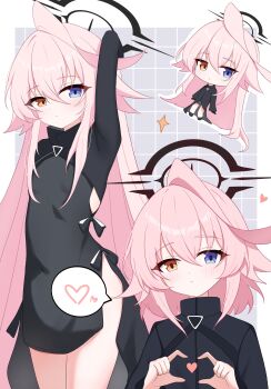 absurdres black_halo blue_archive blue_eyes breasts commentary_request four-finger_heart_hands hair_between_eyes halo heart heart_hands heterochromia highres hoshino_(blue_archive) hoshino_terror_(blue_archive) long_hair official_alternate_costume pink_hair small_breasts thighs ttriwk yellow_eyes