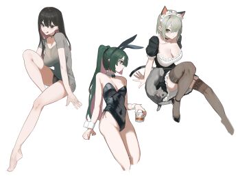 3girls absurdres animal animal_ear_hairband animal_ears bare_legs bare_shoulders black_choker black_dress black_hair black_hairband black_leotard black_panties breasts brown_eyes brown_hair cat cat_ears choker cleavage commentary cup dress drinking_glass esnowg fake_animal_ears garter_straps green_hair grey_shirt grey_thighhighs hairband highleg highleg_leotard highres large_breasts leotard licking_lips long_hair looking_at_viewer maid maid_headdress medium_breasts multiple_girls original panties playboy_bunny ponytail rabbit_ear_hairband rabbit_ears red_eyes shirt short_hair short_sleeves simple_background thighhighs tongue tongue_out underwear white_background white_headdress wrist_cuffs