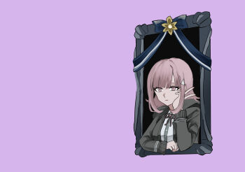 Rule 34 | 1girl, a-ru (r dngn), black jacket, black shirt, brown hair, commentary request, danganronpa (series), danganronpa 2: goodbye despair, dress shirt, hair ornament, hand up, highres, iei, jacket, long sleeves, medium hair, nanami chiaki, neck ribbon, open clothes, open jacket, pink background, pink eyes, ribbon, shirt, simple background, solo, triangle hair ornament, v, white shirt