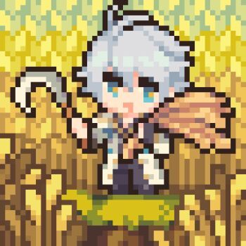 Rule 34 | 1boy, antenna hair, highres, holding wheat, honkai: star rail, honkai (series), hui xue, male focus, outdoors, phainon (honkai: star rail), pixel art, second-party source, sickle, solo, tagme, wheat field, white hair