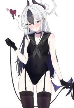 1girl absurdres black_choker black_gloves black_hair black_horns black_neckerchief black_sailor_collar black_thighhighs blue_archive blush breasts choker closed_mouth collarbone commentary_request covered_navel demon_horns earrings furrowed_brow garter_belt gloves gradient_hair grey_hair groin hair_between_eyes halo heart highres holding holding_whip horns jewelry kayoko_(blue_archive) long_hair looking_at_viewer medium_breasts multicolored_hair neckerchief pkayokolove0317 purple_wings sailor_collar simple_background single_wing solo standing thighhighs two-tone_hair whip white_background wings