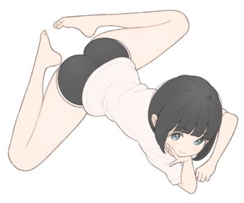 1girl 1ssakawaguchi ahoge ass bare_legs barefoot black_hair black_shorts blue_eyes bob_cut closed_mouth commentary english_commentary feet flexible hand_on_own_cheek hand_on_own_face head_rest highres ichika_(1ssakawaguchi) legs light_blush looking_at_viewer lying on_stomach original shirt short_hair short_shorts short_sleeves shorts simple_background smile soles solo split t-shirt toes white_background