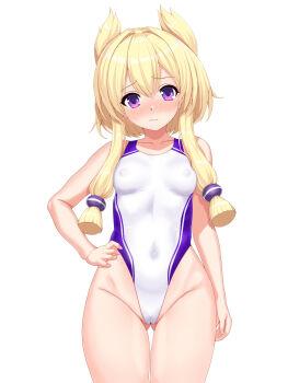 Rule 34 | 1girl, azur lane, blonde hair, commentary request, competition swimsuit, covered erect nipples, covered navel, hand on own hip, highleg, highleg one-piece swimsuit, highres, looking at viewer, one-piece swimsuit, purple eyes, short hair with long locks, simple background, solo, swimsuit, two-tone swimsuit, warspite (azur lane), white background, white one-piece swimsuit, yok265