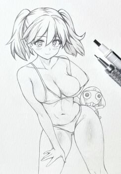 1girl art_tools_in_frame bikini breasts closed_mouth collarbone commentary_request graphite_(medium) greyscale groin highres hinata_natsumi keroro keroro_gunsou large_breasts leaning_forward looking_at_viewer medium_hair monochrome navel seishun_dendeke smile standing strap_slip swimsuit traditional_media twintails