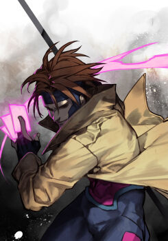 1boy black_gloves brown_hair card coat fingerless_gloves gambit gloves holding holding_card holding_polearm holding_weapon hungry_clicker long_sleeves marvel polearm puffy_long_sleeves puffy_sleeves smile solo superhero_costume trench_coat upper_body weapon x-men