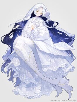 1girl blue_hair closed_mouth colored_inner_hair copyright_notice corsage cracked_skin curtained_hair epiphyllum fist_in_hand flower full_body grey_background haori head_tilt highres jacket japanese_clothes kao_o0 kimono kintsugi knees_up lace lace-trimmed_kimono lace_trim layered_kimono long_hair long_sleeves looking_at_viewer mermaid monster_girl multicolored_hair original own_hands_together parted_bangs sample_watermark see-through_dress_layer shirt shirt_under_kimono simple_background smile solo starry_hair veil very_long_hair watermark wavy_hair white_flower white_hair white_jacket white_kimono white_shirt white_veil yellow_eyes