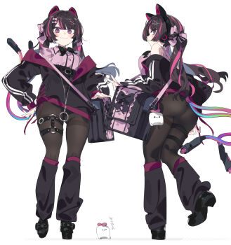 animal_ear_headphones animal_ears ass bag bag_ribbon belt black_bag black_bow black_bowtie black_hoodie black_pantyhose black_shoes black_socks black_straps blunt_sidelocks bow bowtie breasts brown_hair brown_pantyhose cable cable_tail cat_ear_headphones cat_ears collared_shirt commentary_request covered_navel facing_viewer fake_animal_ears frilled_shirt frills from_behind from_below grin hand_on_own_hip head_bow headphones highres hood hoodie karei looking_back loose_hair_strand loose_socks low_twintails maon_(vrchat) mechanical_tail multicolored_hair multiple_thigh_straps multiple_views no_panties open_clothes open_hoodie pantyhose pink_bow pink_hair pink_shirt purple_eyes shirt shoes shoulder_bag sidelocks sleeveless sleeveless_shirt small_breasts smile socks standing standing_on_one_leg streaked_hair swept_bangs tail thigh_strap thighband_pantyhose twintails v vrchat zipper