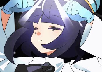 1girl animated black_background black_dress blinking blue_gloves blunt_bangs bob_cut closed_mouth coat dress gloves gwynn_(pokemon) hat long_sleeves mega_stone nintendo open_clothes open_coat partially_fingerless_gloves pokemon pokemon_legends:_z-a purple_eyes purple_hair short_hair solo tagme tuoipgvm7 upper_body video white_coat white_hat wind
