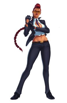 abs absurdres braid breasts capcom cleavage commission crimson_viper dark_skin formal_clothes highres legs marvel_vs._capcom midriff mortificent navel necktie red_hair single_braid street_fighter street_fighter_6 suit