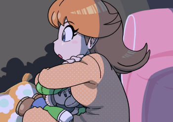 1girl blue_eyes blue_pants brown_hair character_doll couch crossed_arms crossed_legs dark_room doll eyelashes facial_hair gloves green_hat green_shirt hat indoors junnosu living_room long_sleeves looking_at_screen luigi mario_(series) mustache nintendo open_mouth orange_pajamas pajamas pants pillow princess princess_daisy screen_light shirt shoes sitting solo stuffed_toy watching_television