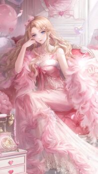 1girl absurdres antique_phone aphrodia_(shining_nikki) artist_request balloon bead_necklace beads bird blonde_hair blue_eyes bow bowtie bubble card_(medium) character_name closed_mouth couch cropped curtains dress earrings flamingo full_body fur-trimmed_dress fur_shawl fur_trim game_cg hair_bow hair_ornament hairclip hand_on_own_cheek hand_on_own_face happy heart heart_earrings highres jewelry lace-trimmed_bow lace_trim lamp layered_dress light_blush light_particles lipstick long_dress long_hair lovestruck_moment_(shining_nikki) makeup necklace nikki_(series) official_art on_couch pink_bow pink_bowtie pink_dress pink_lips pink_ribbon pink_shawl ribbon shawl shining_nikki shirt sidelocks sitting sleeveless sleeveless_shirt smile solo sparkle third-party_edit wavy_hair white_dress