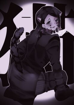 1boy animal_ears animal_hands arm_support asymmetrical_bangs black_hair black_jacket black_tail blush buttons cat_ears cat_tail colored_tips commentary_request demon_boy enmu_(kimetsu_no_yaiba) extra_ears facial_mark fangs from_behind full_body gloves green_eyes grey_background grey_pants highres hinshi_(mumunu_enm) invisible_floor jacket kemonomimi_mode kimetsu_no_yaiba long_sleeves looking_at_viewer looking_back male_focus medium_hair multicolored_hair open_mouth outline pants paw_gloves pinstripe_pants pinstripe_pattern raised_inner_eyebrows sitting smile solo suit_jacket symbol-shaped_pupils tail tareme tears_facial_mark teeth trap turning_head undershirt vignetting white_outline