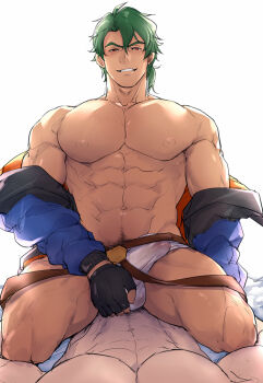 2boys abs bara bare_pectorals briefs bulge chachi_(soulga) crotch_grab dark-skinned_male dark_skin erection erection_under_clothes fingerless_gloves gloves green_hair imminent_anal imminent_penetration interracial jacket joe_(sk8) large_pectorals male_focus male_pubic_hair male_underwear medium_hair multiple_boys muscular muscular_male navel navel_hair nipples off_shoulder open_clothes open_jacket pectorals pov pubic_hair seductive_smile see-through_clothes shoulder_tattoo sitting sitting_on_person sk8_the_infinity smile smirk solo_focus spread_legs stomach tattoo thick_thighs thighs underwear wet wet_clothes wet_male_underwear white_male_underwear yaoi