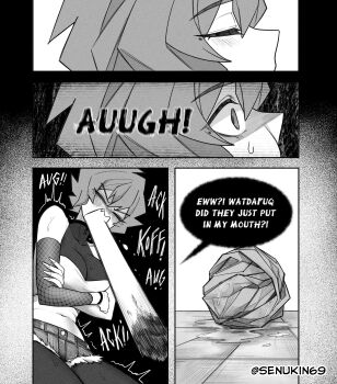 1girl absurdres artist_name bare_shoulders breasts closed_eyes coughing crop_top cropped_shirt crossed_arms crumpled_paper detached_sleeves english_text greyscale highres kin_(senukin) large_breasts mole mole_under_eye monochrome open_mouth original paper saliva senukin shirt short_hair sleeveless sleeveless_shirt speech_bubble spitting sweat twitter_username