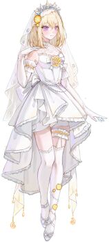 1girl absurdres artist_request bang_dream! bang_dream!_it&#039;s_mygo!!!!! blonde_hair blush bridal_veil chinese_commentary closed_mouth commentary_request commission dress elbow_gloves garter_straps gloves hair_between_eyes hand_up highres medium_hair misumi_uika purple_eyes second-party_source shoes simple_background sleeveless sleeveless_dress solo thigh_strap thighhighs transparent_background veil wedding_dress white_dress white_gloves white_shoes white_thighhighs