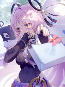 Rule 34 | 1girl, bag, black gloves, black leotard, black nails, blue eyes, blush, braid, breasts, citlali (genshin impact), cleavage, commentary request, covered navel, elbow gloves, facial mark, fingerless gloves, genshin impact, gift, gloves, hands up, highres, holding, holding bag, holding gift, imasaki kei, leotard, long hair, looking at viewer, looking to the side, multicolored hair, pink hair, pink pupils, sarong, streaked hair, sweat, triangle, triangle facial mark