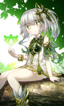 1girl anklet bare_shoulders blush bracelet braid breasts cape crown_braid dendro_symbol_(genshin_impact) dress genshin_impact gold_trim gradient_hair green_cape green_eyes green_hair hair_ornament highres jewelry leaf_hair_ornament long_hair looking_at_viewer multicolored_hair nahida_(genshin_impact) pointy_ears side_ponytail sidelocks sitting sleeveless sleeveless_dress small_breasts solo symbol-shaped_pupils thighs tree white_dress white_hair yubeshi_(zecxl)