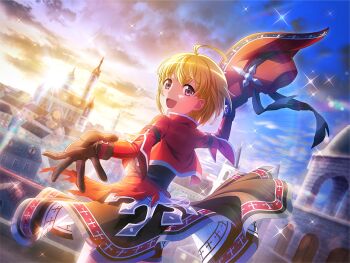 1girl ahoge alucard_(hellsing) alucard_(hellsing)_(cosplay) black_gloves black_skirt blonde_hair building cosplay cropped_jacket dutch_angle from_behind game_cg gloves hat hellsing holding holding_unworn_clothes holding_unworn_hat jacket long_sleeves looking_at_viewer morning official_art open_mouth otori_michiru outstretched_arm purple_eyes reaching reaching_towards_viewer red_hat red_jacket short_hair shoujo_kageki_revue_starlight shoujo_kageki_revue_starlight_-re_live- skirt solo standing unworn_hat unworn_headwear upper_body