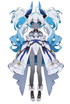 1girl absurdres black_sclera blue_eyes blue_hair blue_horns blue_tongue colored_sclera colored_tongue commentary_request covered_navel flat_chest full_body grey_skirt highres horns leotard matcha_(mattyan) md5_mismatch multicolored_hair open_mouth original pointy_ears skirt solo straight-on twintails two_side_up white_background white_hair white_leotard