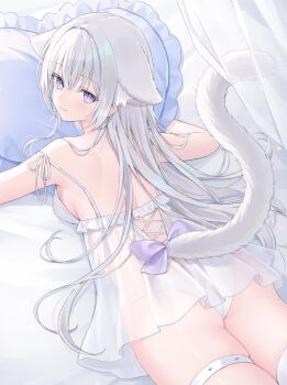 1girl animal_ears ass babydoll back bare_shoulders breasts cat_ears cat_girl cat_tail closed_mouth from_behind heart heart-shaped_pillow highres looking_back medium_breasts original panties pillow purple_eyes shano_hiyori smile solo spaghetti_strap string_panties tail tail_raised thigh_strap underwear white_babydoll white_panties