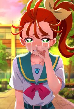 Rule 34 | 1girl, aozora middle school uniform, aqua belt, aqua sailor collar, aqua skirt, belt, blurry, blurry background, blush, bow, clenched teeth, collarbone, commentary, corrupted twitter file, crying, crying with eyes open, curled fingers, depth of field, furrowed brow, green eyes, hair bow, hair ornament, hand up, highres, lamppost, long hair, looking at viewer, momotarouooi, natsuumi manatsu, neckerchief, nose blush, orange hair, outdoors, park, pink neckerchief, pleated skirt, ponytail, precure, sad, sailor collar, school uniform, serafuku, shirt, short sleeves, side ponytail, skirt, solo, streaming tears, summer uniform, sunset, tears, teeth, trash can, tree, tropical-rouge! precure, twitter username, watermark, white shirt, wiping tears, yellow bow