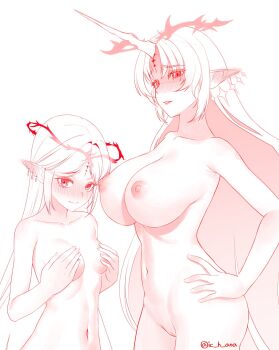 2girls blush breasts cartethyia_(wuthering_waves) closed_mouth commentary completely_nude covering_breasts covering_privates crown_of_thorns dual_persona ear_blush earrings fleurdelys_(wuthering_waves) floating_earrings hana_yeon hand_on_own_hip height_difference highres horns jewelry large_breasts long_hair long_horns long_pointy_ears looking_at_viewer medium_breasts multiple_girls navel nipples nose_blush nude parted_bangs parted_lips partially_shaded_face pointy_ears pussy sidelocks simple_background single_horn stomach tacet_mark_(wuthering_waves) tearing_up twitter_username very_long_hair white_background wuthering_waves