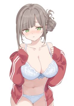 1girl bare_shoulders bra breasts brown_hair cleavage closed_mouth collarbone cowboy_shot green_eyes hair_bun hands_up highres jacket large_breasts long_hair long_sleeves looking_at_viewer maigoyaki navel open_clothes open_jacket original panties red_jacket simple_background solo stomach strap_gap track_jacket underwear white_background white_bra white_panties