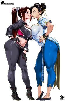 2girls absurdres akiman_pose bad_tag black_jumpsuit bracelet breast_contest breast_press breasts brown_eyes brown_hair capcom china_dress chinese_clothes chun-li confrontation crossover double_bun dress earrings eye_contact face-to-face faceoff fatal_fury fatal_fury:_city_of_the_wolves hair_bun highres jewelry jumpsuit kyoffie large_breasts long_hair looking_at_another motoyui multiple_girls noses_touching pearl_earrings ponytail rivalry shiranui_mai street_fighter street_fighter_6 symmetrical_docking