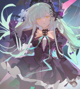 1girl animal_ears arknights bang_dream! bang_dream!_it&#039;s_mygo!!!!! black_bonnet black_dress black_gloves bonnet cowboy_shot dress expressionless floating_hair floppy_ears gloves gothic_lolita green_hair green_ribbon hair_ornament hand_up highres ka_shou_yu_jiu lolita_fashion long_hair long_sleeves looking_at_viewer neck_ribbon parted_lips puppet_strings rabbit_ears rabbit_girl ribbon sidelocks solo standing wakaba_mutsumi wakaba_mutsumi_(marionette&#039;s_id) x_hair_ornament yellow_eyes