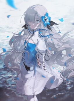 1girl absurdres arms_behind_back blue_dress blue_eyes blue_flower blurry cowboy_shot depth_of_field dress floating_hair flower gradient_clothes gradient_dress grey_hair hair_flower hair_ornament hair_over_one_eye highres isekaijoucho juliet_sleeves kamitsubaki_studio konya_karasue long_hair long_sleeves looking_at_viewer nemophila_(flower) petals puffy_sleeves shrug_(clothing) side_part sidelocks solo virtual_youtuber water white_shrug
