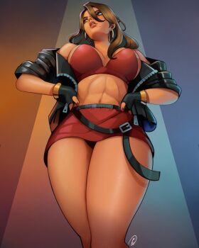 1girl abs athletic blaze_fielding breasts brown_eyes brown_hair curvy ed_(edemevas) eyebrows eyelashes female_focus from_below jacket large_breasts leather leather_jacket legs miniskirt mole mole_under_mouth skirt solo streets_of_rage streets_of_rage_4 thick_thighs thighs toned toned_female wide_hips