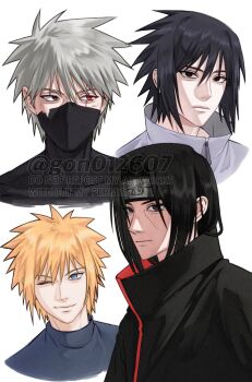 4boys akatsuki_uniform black_eyes black_hair black_headband black_jacket black_mask black_shirt blonde_hair blue_eyes blue_shirt closed_mouth facial_mark gon012607 grey_hair hair_between_eyes hatake_kakashi headband heterochromia highres jacket light_smile long_hair male_focus mask mouth_mask multiple_boys namikaze_minato naruto_(series) one_eye_closed parted_bangs portrait red_eyes scar scar_across_eye scar_on_face shirt short_hair spiked_hair torn_mask uchiha_itachi uchiha_sasuke upper_body white_background white_shirt