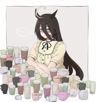 ... 1girl :/ absurdres ahoge animal_ears bags_under_eyes black_hair black_ribbon cup disposable_cup ear_ornament ear_tag earrings elbows_on_table frilled_shirt frills highres horse_ears horse_girl jewelry long_hair manhattan_cafe_(umamusume) multicolored_hair neck_ribbon puffy_short_sleeves puffy_sleeves ribbon shirt short_sleeves sif221 single_earring solo spoken_ellipsis umamusume very_long_hair white_hair yellow_shirt
