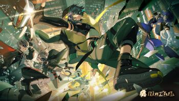 2girls 3boys absurdres animal_ears artist_request black_cape black_footwear black_gloves black_mask black_pants black_shirt cape cat_ears coat crop_top dice facial_mark fingerless_gloves genshin_impact gloves hat high_heels highres jacket kinich_(genshin_impact) long_sleeves lynette_(genshin_impact) lyney_(genshin_impact) midriff multiple_boys multiple_girls official_art ororon_(genshin_impact) pants pantyhose purple_eyes shirt smile star_(symbol) star_facial_mark teardrop_facial_mark tongue tongue_out top_hat upper_body vest white_coat white_gloves white_hat white_jacket white_vest yelan_(genshin_impact)