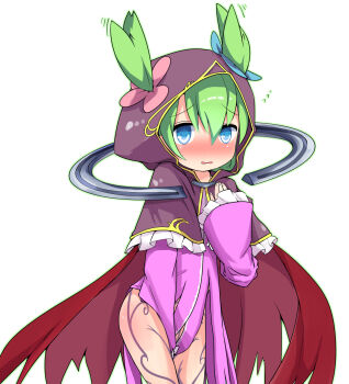 1girl blue_eyes blush body_markings cloak commentary_request cosplay death_alma death_alma_(cosplay) dress embarrassed emil_chronicle_online frilled_hood frills green_hair highres hood no_panties nose_blush purple_dress purple_hood red_cloak senkyoku_niban shabotan_alma solo two_side_up white_background