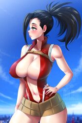 Rule 34 | 1girl, bare shoulders, belt, black hair, blue sky, blurry, blurry background, blush, boku no hero academia, breasts, city, cleavage, closed mouth, collarbone, covered erect nipples, cowboy shot, day, evil-dei, hand on own hip, large breasts, leotard, lips, long hair, navel, outdoors, ponytail, popped collar, red leotard, sky, sleeveless, solo, standing, yaoyorozu momo