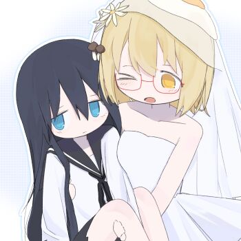 2girls ben-day_dots black_hair black_ribbon black_sailor_collar blonde_hair blue_eyes carrying closed_mouth collarbone cowboy_shot dress egg_(food) flower food fried_egg hair_between_eyes hair_flower hair_ornament highres long_hair long_sleeves looking_to_the_side multiple_girls mushroom object_on_head one_eye_closed open_mouth outline princess_carry red-framed_eyewear ribbon sailor_collar school_uniform screentones semi-rimless_eyewear serafuku shimeji_simulation shirt short_hair simple_background tsukishima_shijima user_kjjr3284 veil wedding_dress white_dress white_outline white_shirt white_veil yamashita_majime