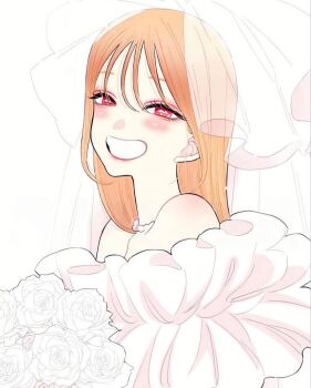blonde_hair blush bouquet bridal_veil choker commentary dress english_commentary flower fukuda_shinichi holding holding_bouquet kitagawa_marin long_hair looking_at_viewer official_art red_eyes simple_background smile sono_bisque_doll_wa_koi_wo_suru teeth third-party_source veil wedding_dress white_background white_choker white_dress